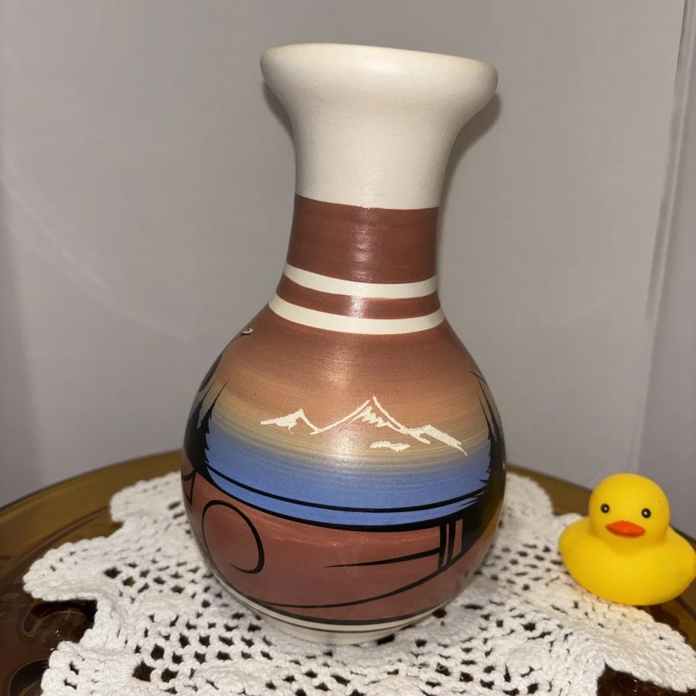 Handcrafted Navajo Indian Etched Pottery Vase, Signed by Artist